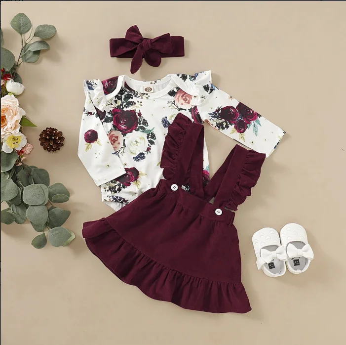 

Infant Baby Girls Spring Clothing Suit Newborn Jumpsuit Tops Skirt Headband 3Pcs Outfit Set