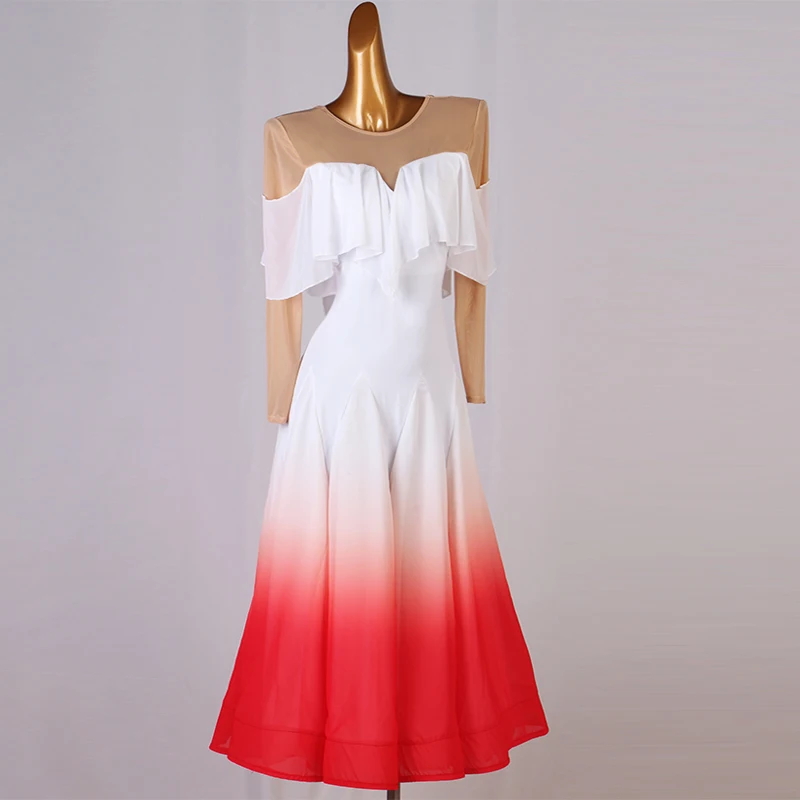 

White Standard Dance Dresses Competition Ruffles Ballroom Dance Suit Gradient Purple Red Practice Dancewear Long Sleeve Dress
