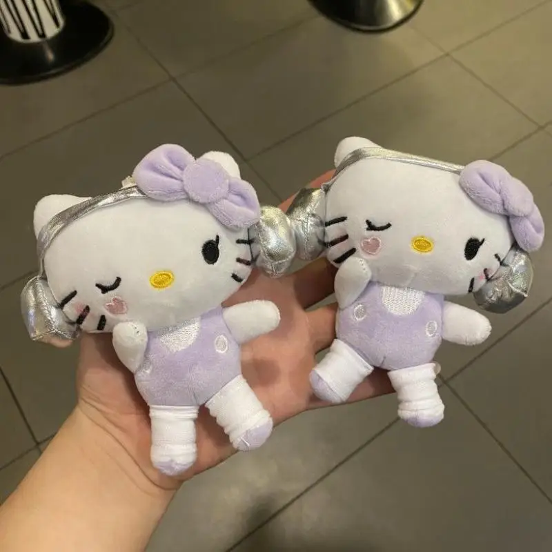 Cute Hello Kitty Plush Doll Keychain Sanrio Anime Cartoon Wear Headphones Purple Kt Cat Plush Pendant Stuffed Toy Bag Decoration