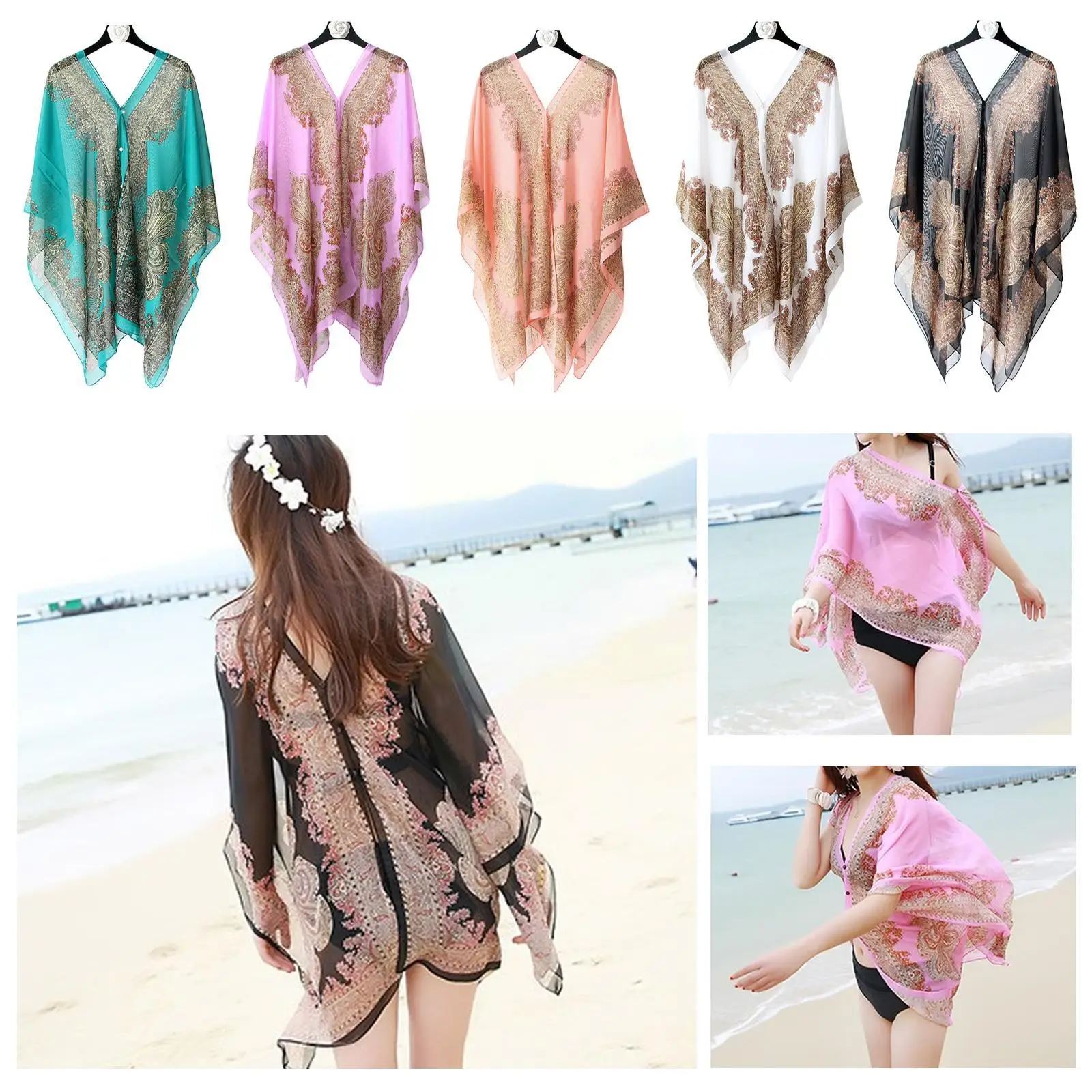 Women Beach Cover Up Floral Kimono Summer Cardigan Chiffon Scarf Loose Blouse Cover Casual Up Sleeve Beach Shawl Half B H6E3