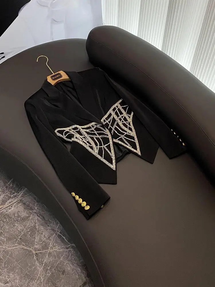 

Faionable Heavy Embellied Diamond Slimming Women's Suit Jaet Commute Sle Long Sve Double Buttoned Pure Color