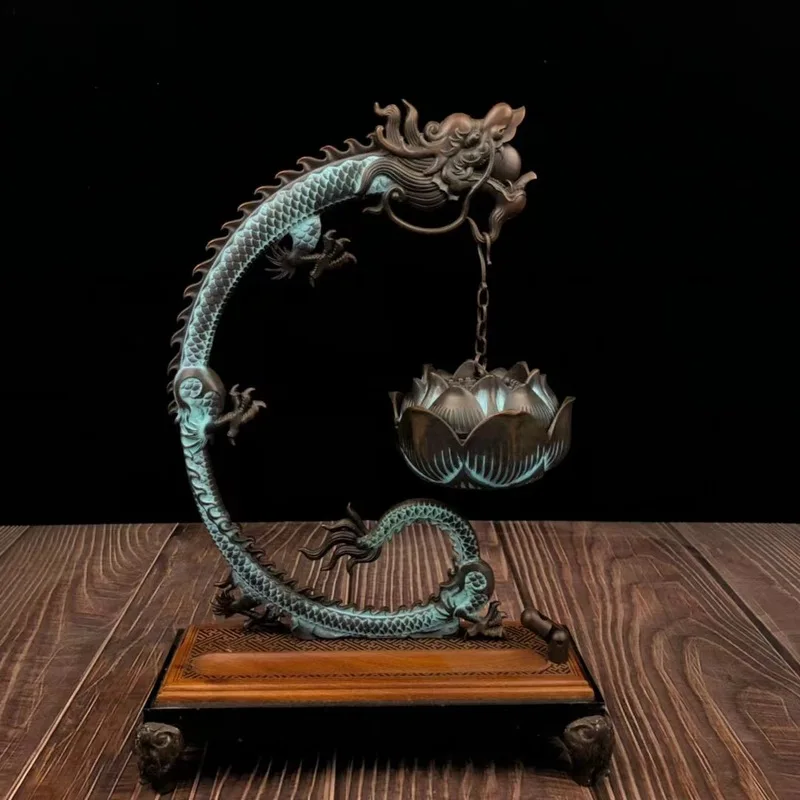 Copper hanging incense burner with reverse flow lotus and dragon frame Zen-inspired crane design creative decorative piece
