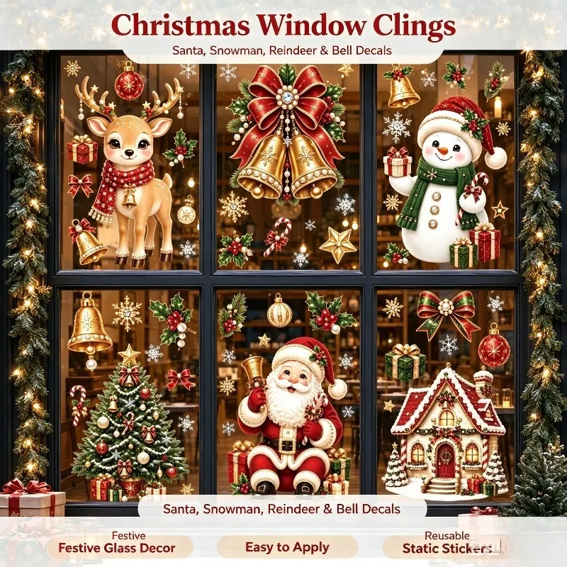 4/6 Sheets Christmas Static Window Clings Snowman Santa Claus Elk Bell Christmas Tree Decals for Xmas Holiday Party Decoration