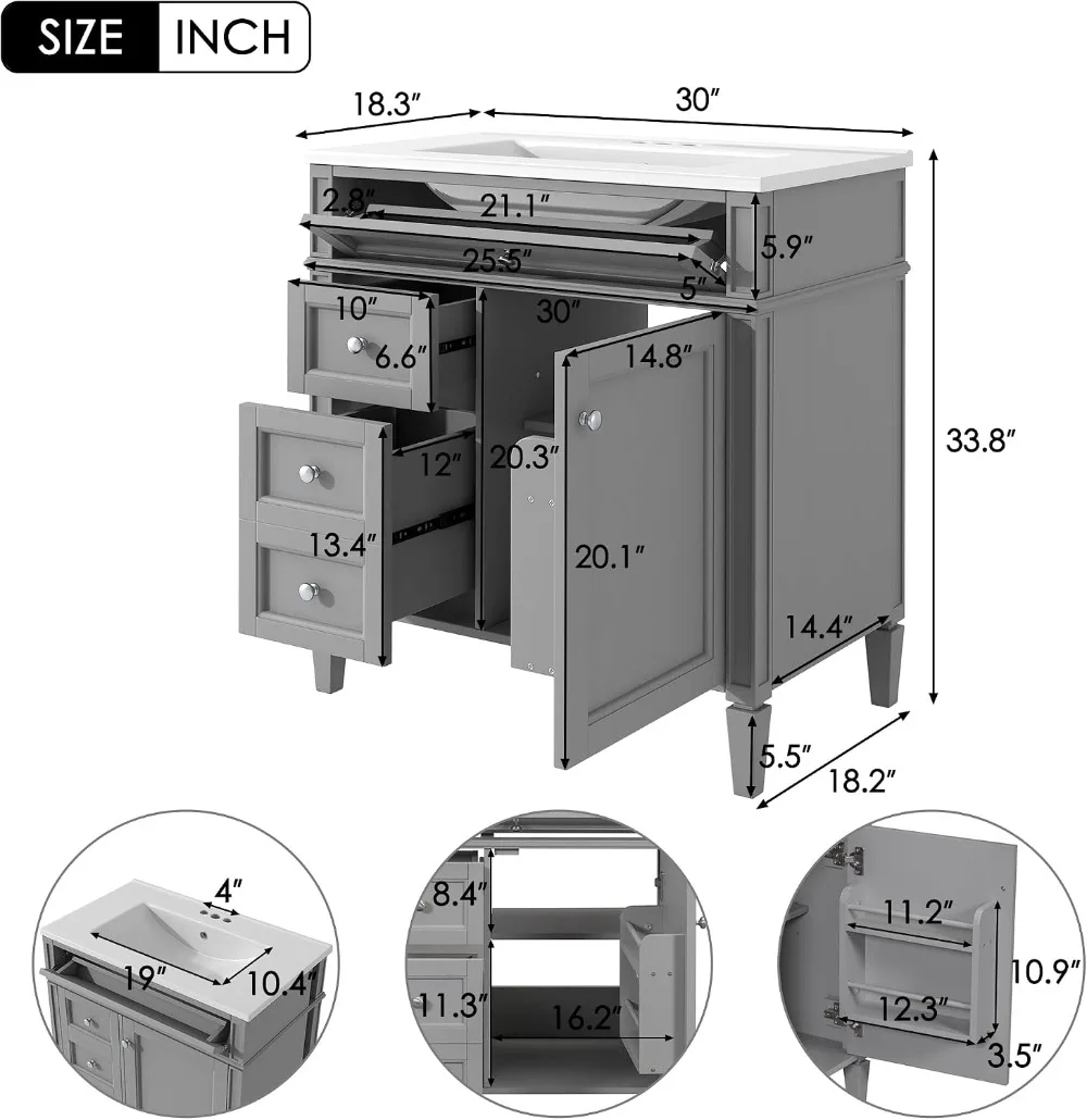 30 inch Bathroom Vanity with Ceramic Sink and Storage, Gray