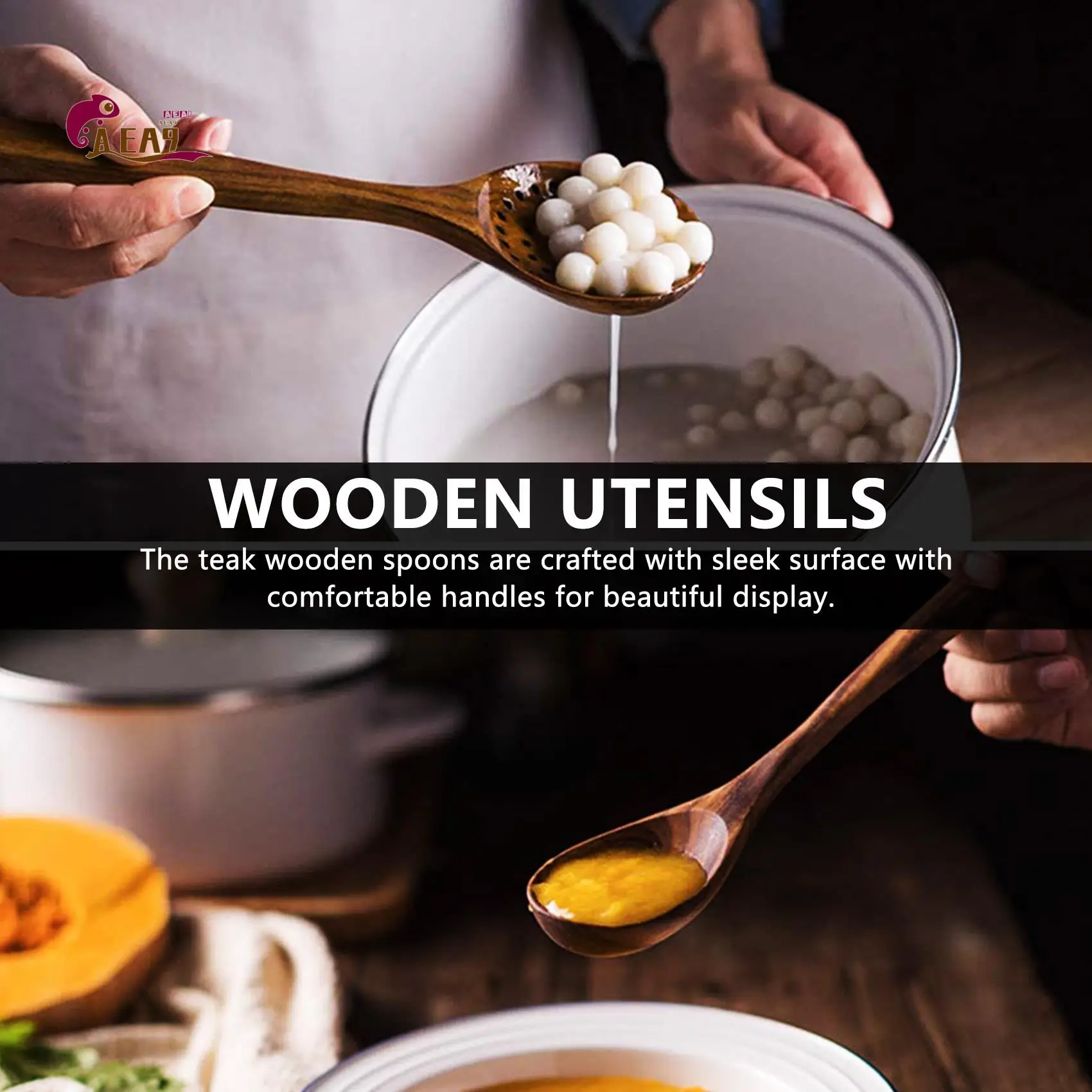 

AEA9-Wooden Tableware,Teak Kitchen Cooking Tableware Set With Stand, Suitable For Non-Stick Cookware,Wooden Shovel Spoon Cooking