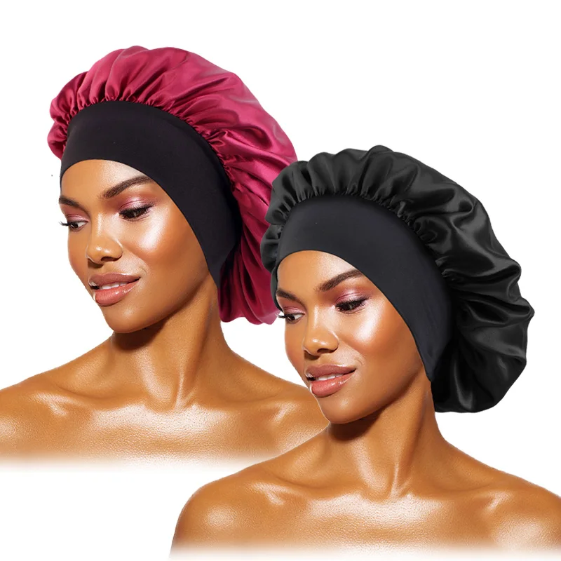 Dames Satijn Effen Mutsen Breedgerande Nachtrust Badmuts Unisex Hoofdwikkel Elastische Band Cap Haarverzorging Motorkap