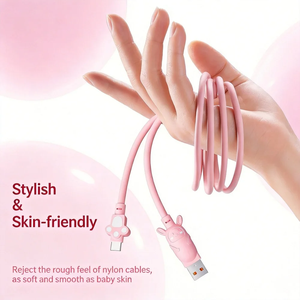2PCS 65W Fast Charging USB a to Type C Cable Kawaii Cat Paw Tip Cute Rabbit Design Reinforced Bend-Resistant Charger Cord for Sm