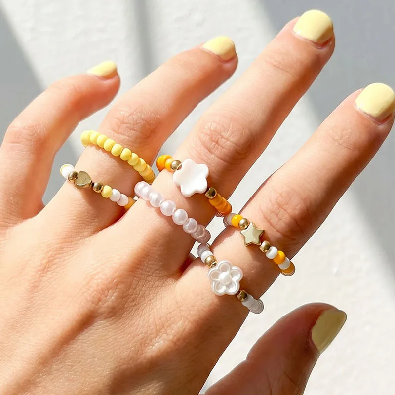 6pcs/set Colorful Seed Bead Ring Set – Stackable Adjustable Rings for Boho Chic & Everyday Style.