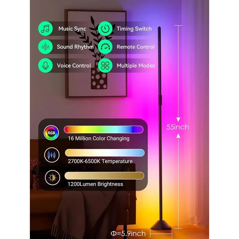 Smart Color Changing Floor Lamp for Living Room Alexa Compatible Bluetooth & Remote Control Dimmable Standing Lamp