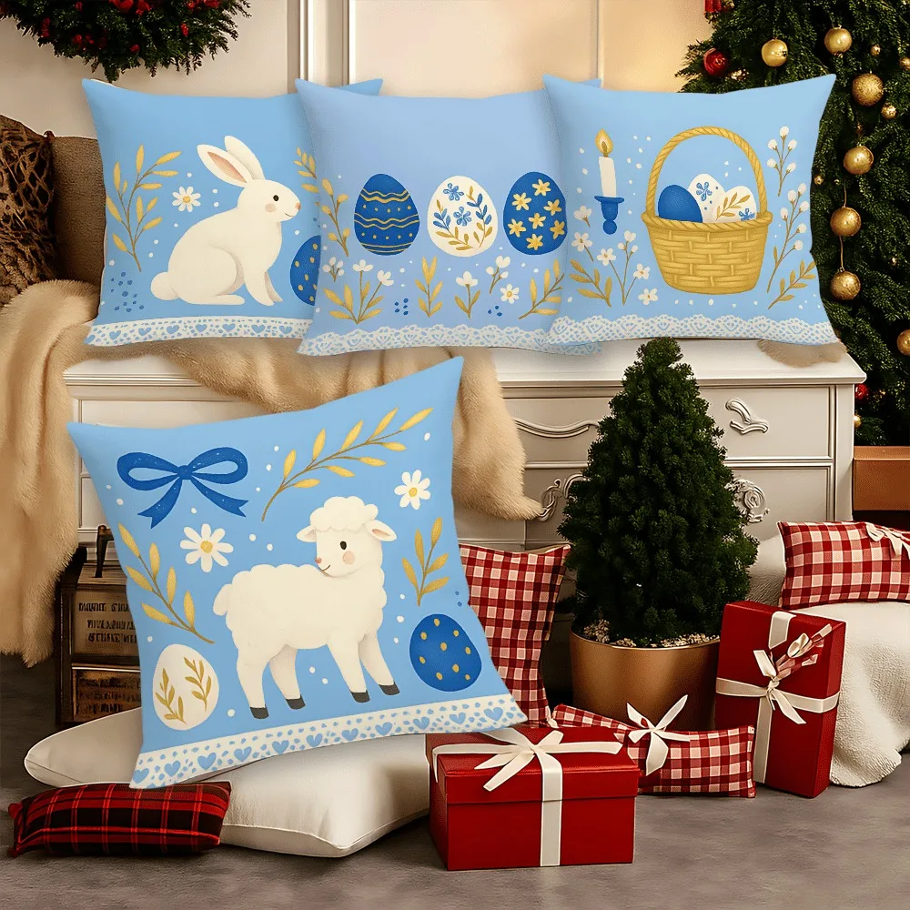 

Pastel Blue Easter Theme Pillowcase: Bunny & Lamb Pattern Decorative Pillow Cover