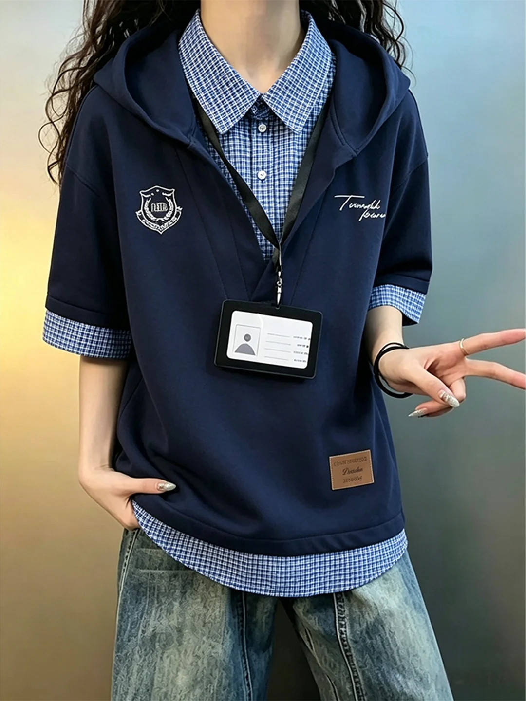 American College Style Short Sleeve Hoodie Unisex Summer Plaid Splicing Design High Level T-Shirt Casual Loose Fit Breathable