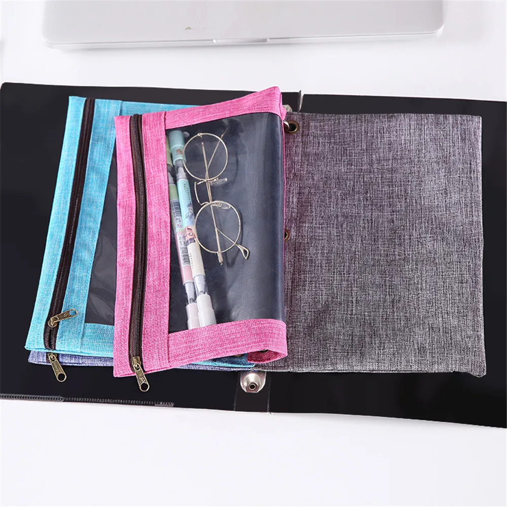 3 Ring Binder Zipper Pencil Bag Pouch Case With Clear Window Student Stationery Storage Bag Oxford Cloth Pen Bag School Supplies