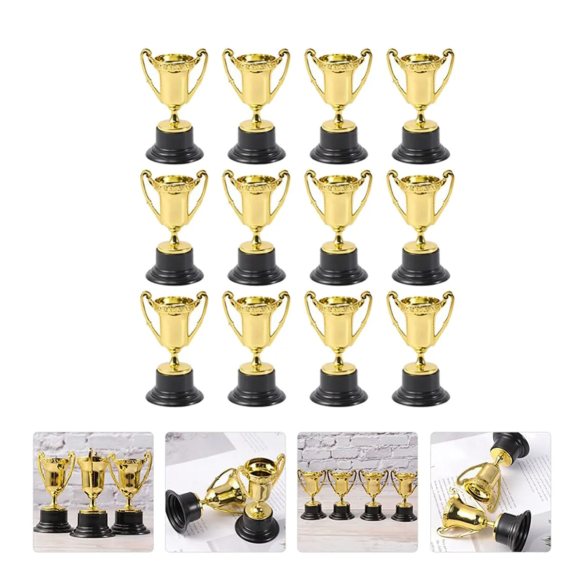 AED7-24Pcs mini prêmio dourado troféu prêmios decoração prêmios de recompensa de plástico jardim de infância crianças presente prêmios troféu com base preta