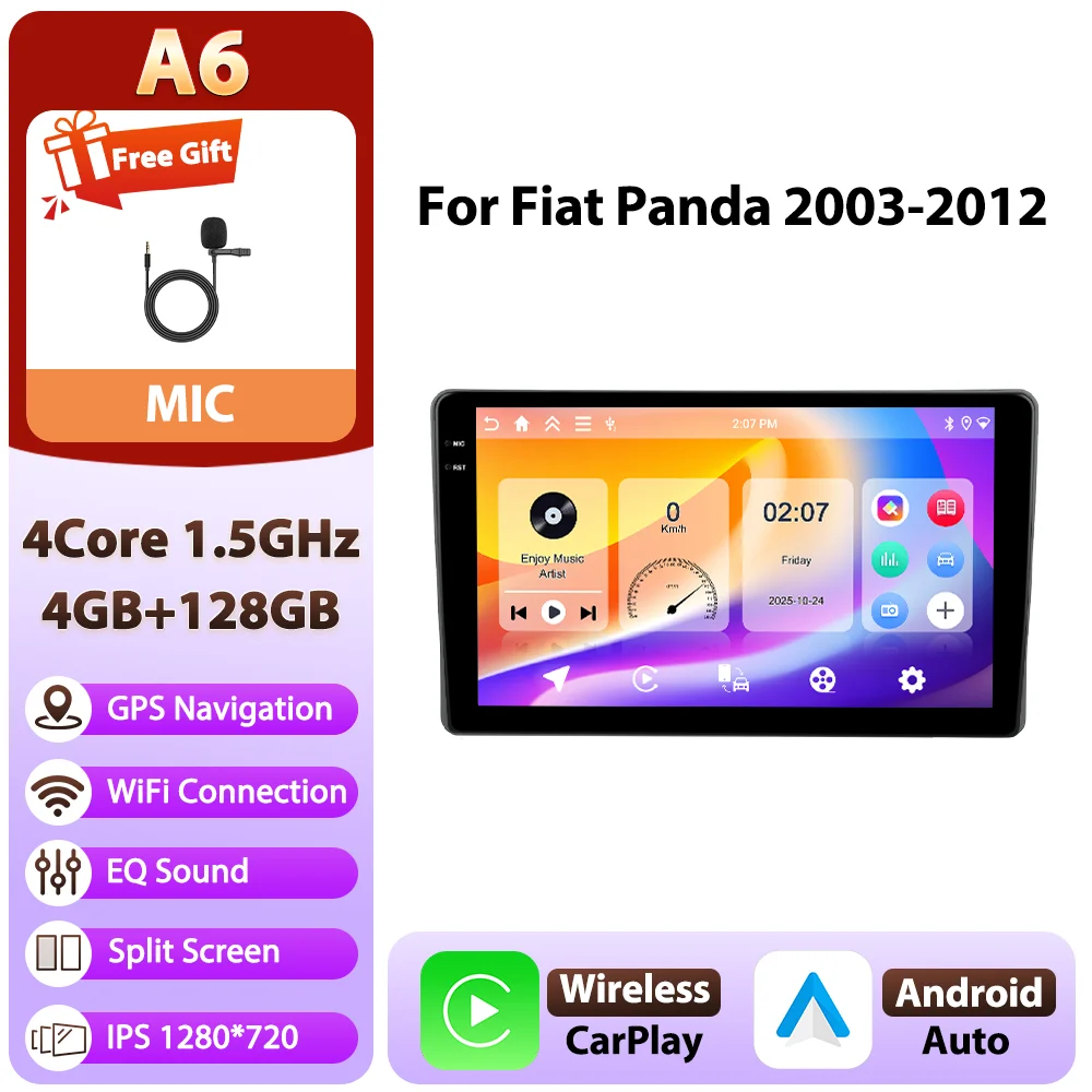 Podofo Android 9 inch 8-core 8+128GB autoradio voor Fiat Panda 2003-2012 met 4G WIFI, multimediaspeler, GPS, AM/FM/RDS