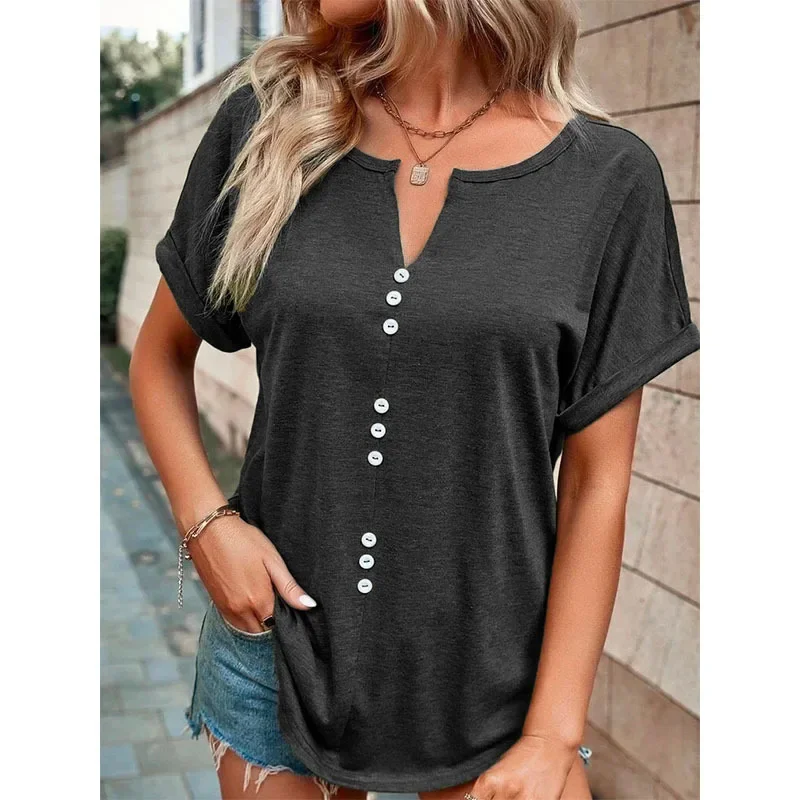 2025 New Europe And The United States Cross-border Spring And Summer Women's Explosion V-neck Buttons Short-sleeved Tops T-shirt