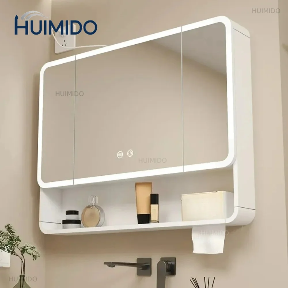 Bathroom Mirror Cabinet Anti Fog Wall Mounted Storage Mirror Carbon Fiber Rounded Corner Makeup Mirror