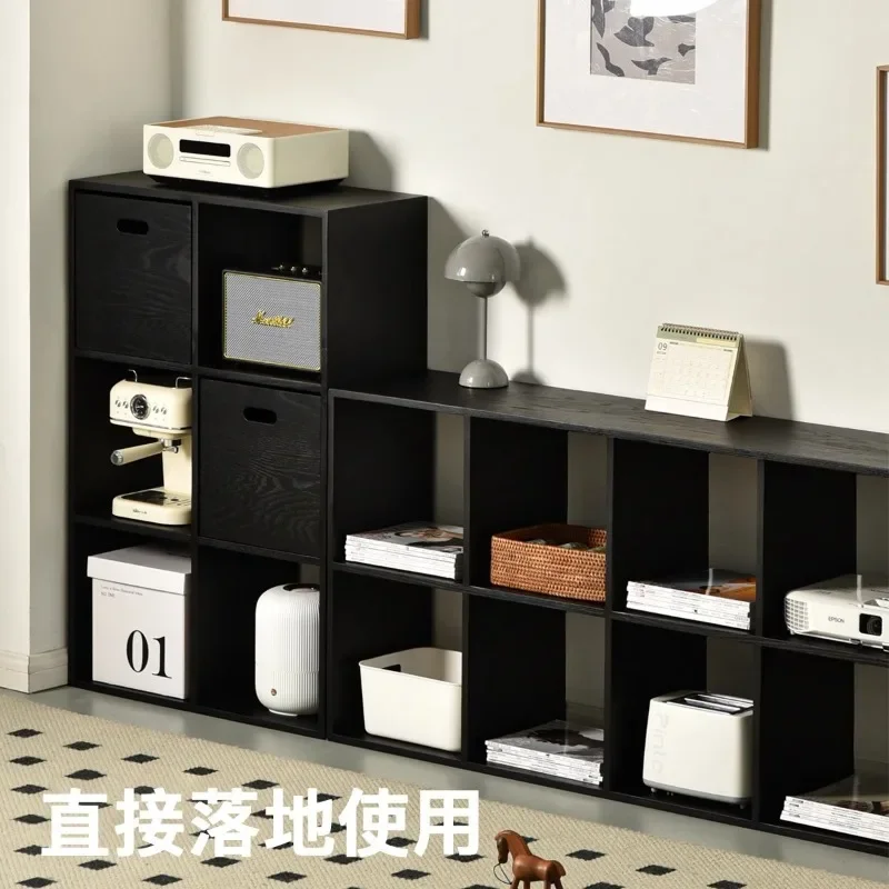 Solid wood floor-to-ceiling bookcase, oak storage, black lattice rack.