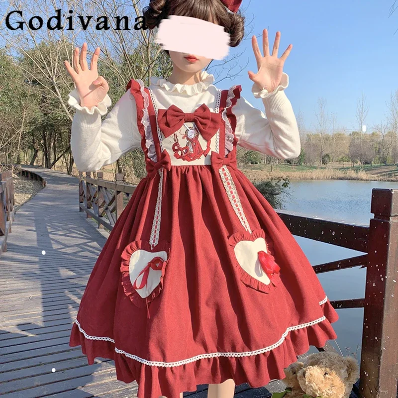 

Original Japanese Lolita Dress Jsk Womens Autumn Elegant Sweet Cute Princess Dress Girl Bow Embroidered Kawaii Red Short Dresses