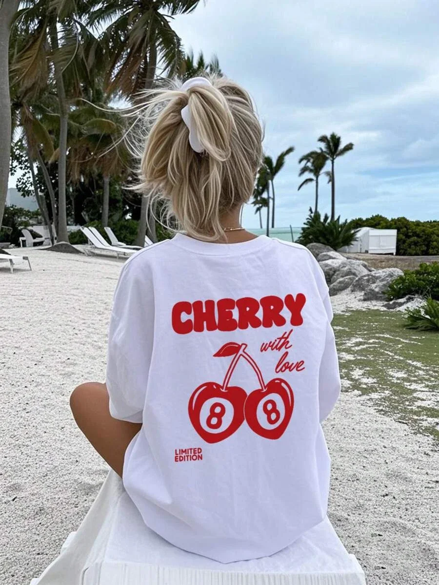 

Cherry and Number 8 Letter Print Round Neck T-shirt Girls Summer Casual T-shirt Breathable Summer Children Short-sleeved Top