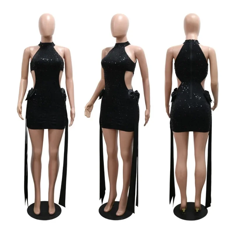 KEXU lentejuelas Sexy lado recortado cintura arco fiesta noche mujeres club nocturno cinta Formal Mini vestido ocasión especial cena vestido