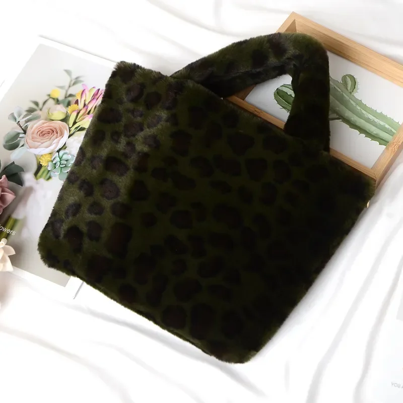 Bolso de Mano con Estampado de Leopardo, Imitación de Pelo de Conejo Rex, Gran Capacidad, Estilo Europeo Americano, Bolso de Hombro de Moda para Mujer