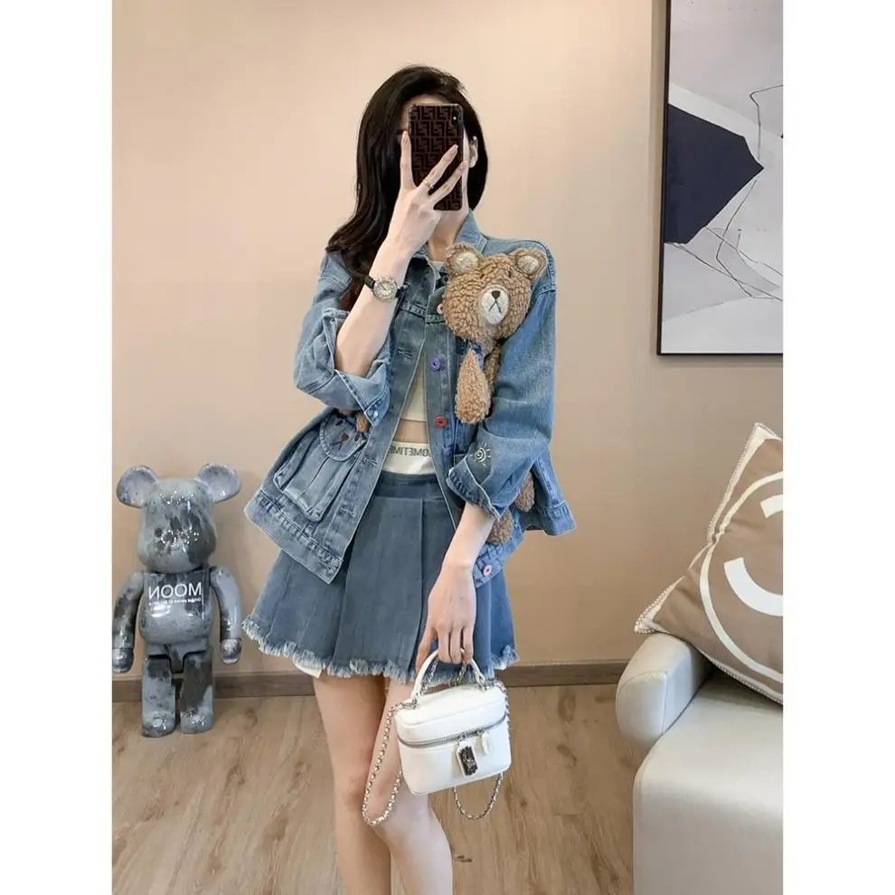2025 Spring and Autumn New Women's Clothing Cute Design Korean Style Cartoon Bear Blue Casual Daily Denim Jacket