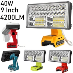 40W 4200LM LED Work Light 9Inch Flashlight For Makita/Dewalt/Milwaukee/Bosch/Black&Decker 18V Li-ion Battery Cordless Flood Lamp