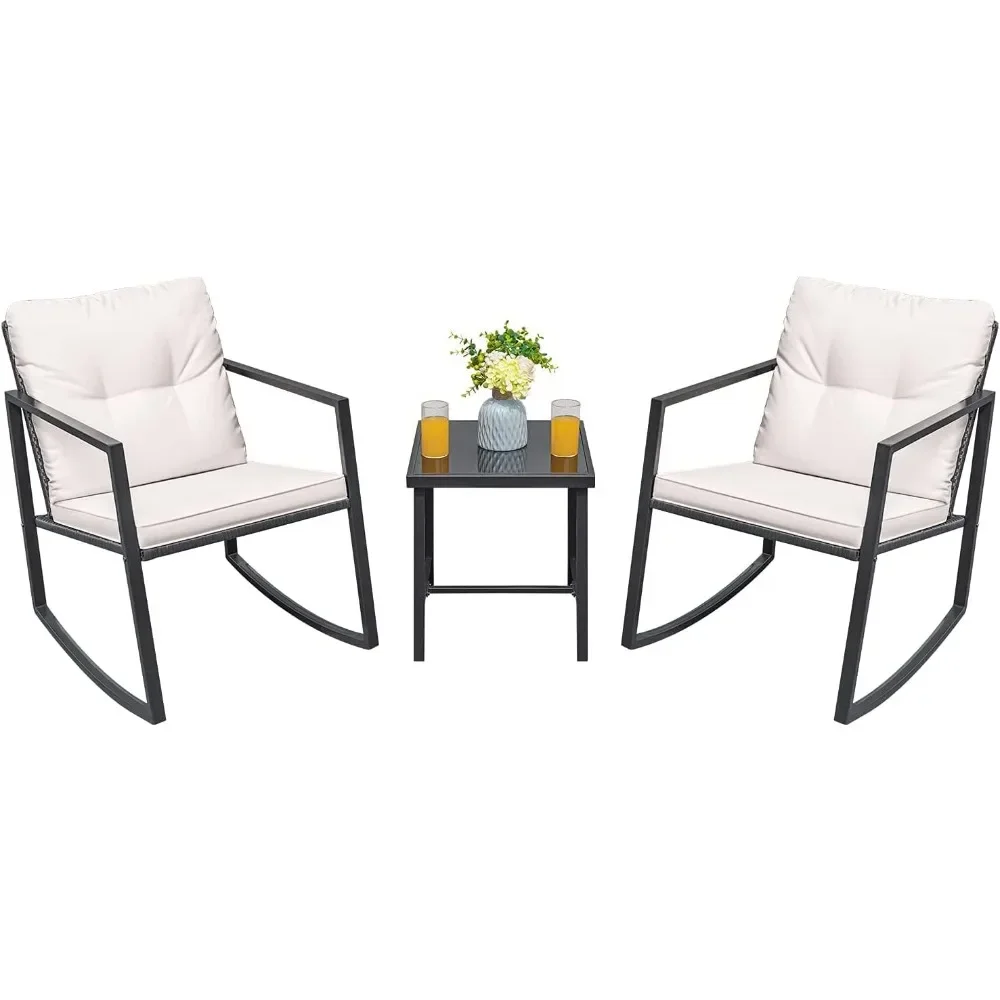 Rocking Wicker Bistro Set, Mobília ao ar livre do pátio, Conjuntos de Conversa com Cadeiras e Mesa de Vidro, Bege, 3 Pcs