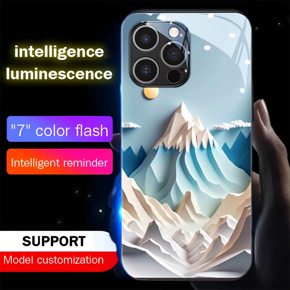 

Beautiful Snow Mountain Smart LED Light Glow Tempered Glass Phone Case For Samsung S24 S23 S22 S21 S20 FE Note 10 20 Plus Ultra