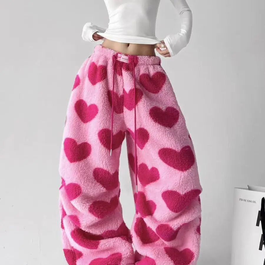 2025 Autumn and Winter New Super Cute Love Printed Lamb Wool Wide-leg Sweatpants