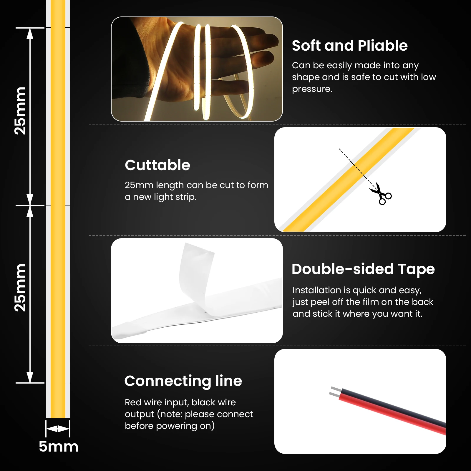 DC5V COB LED Strip 3mm 5mm 8mm 320Leds/M High Density Flexible Ribbon Rope Tape 3000K 4000K 6000K FOB LED Light Cabinet Lighting