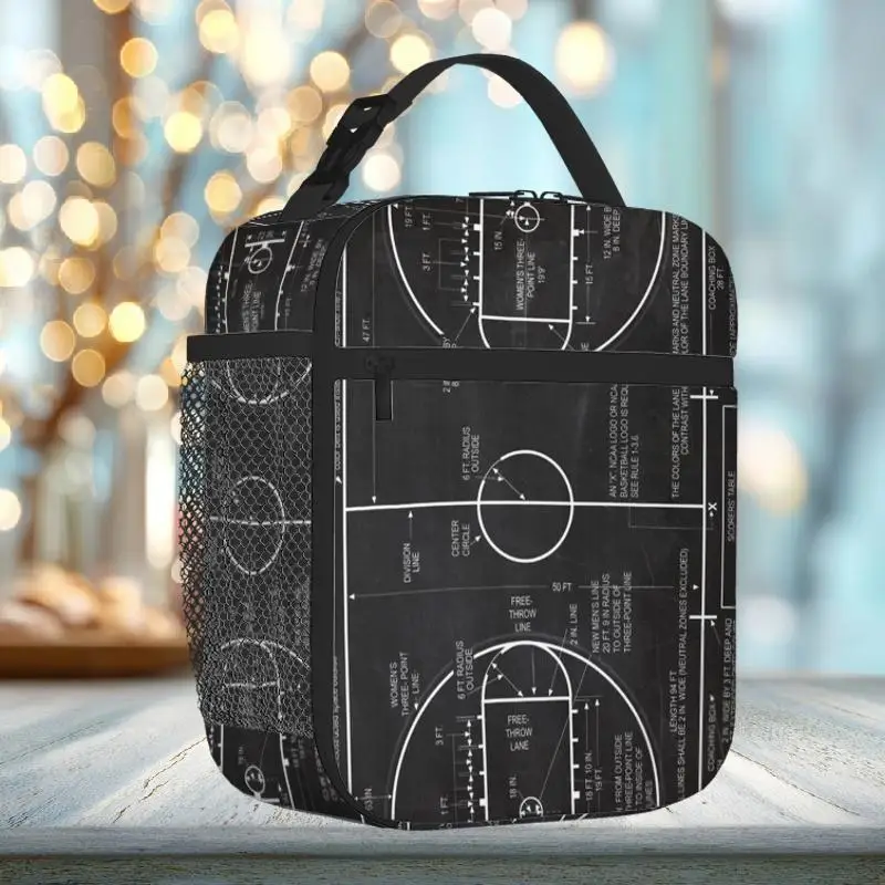 Basketball Court Dimensions Diagram Printed Insulated Thermal Bag Durable Polyester, Reusable Portable, Ideal for Home, Office