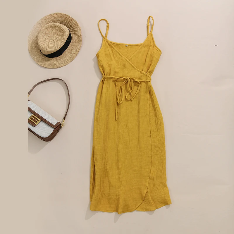 Summer 100% Cotton Muslin Women\'S Dress V-Neck Tie-Up Sexy Sleeveless Bandage Long Maxi Dresses Party Holiday Vestido