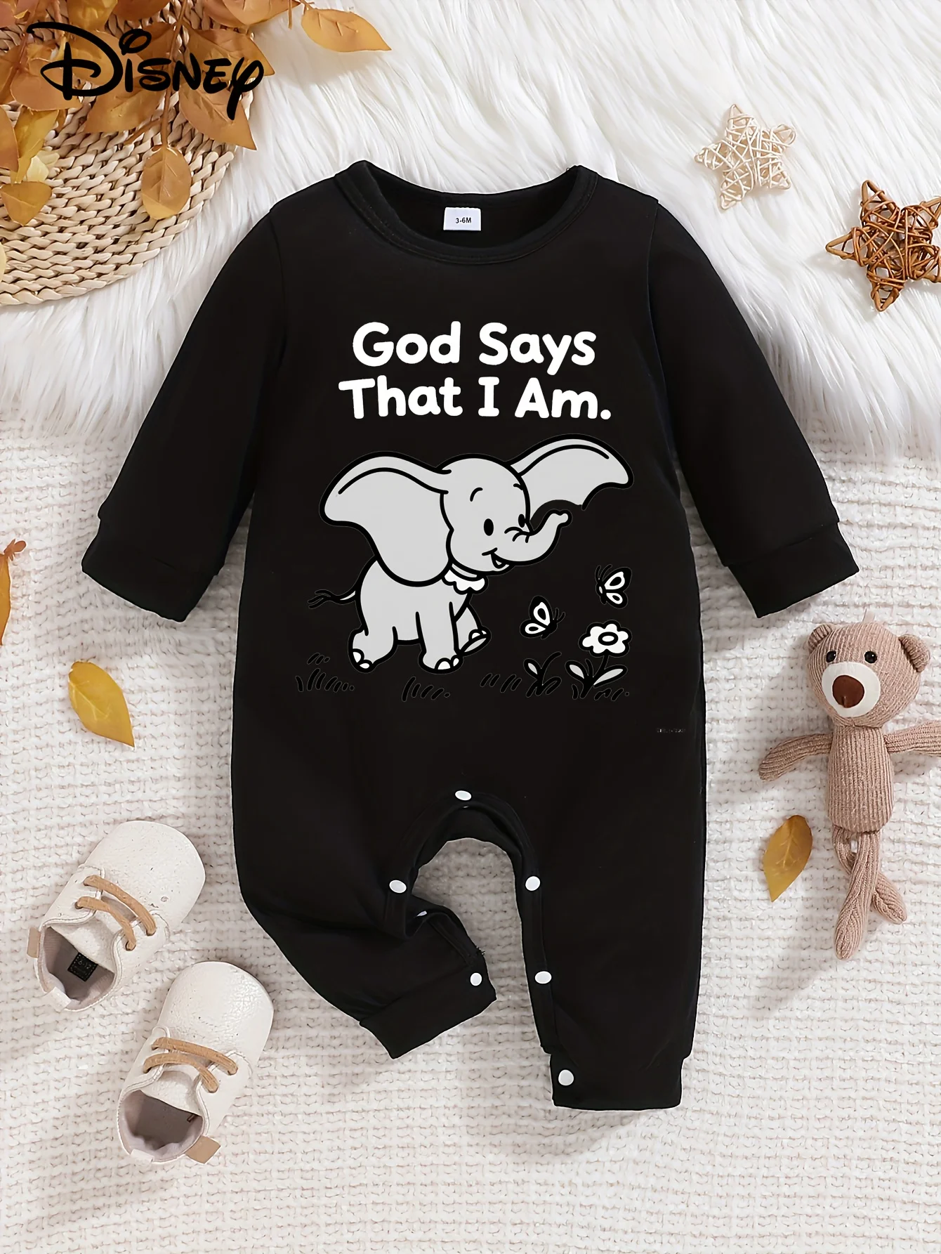 

【Authorized】Disney Dumbo Baby Long-Sleeve Romper, Cute Pattern Print, Round Neck, Soft and Comfortable, Machine Washable, Suitable for All Seasons, Suitable for Outdoor Wear