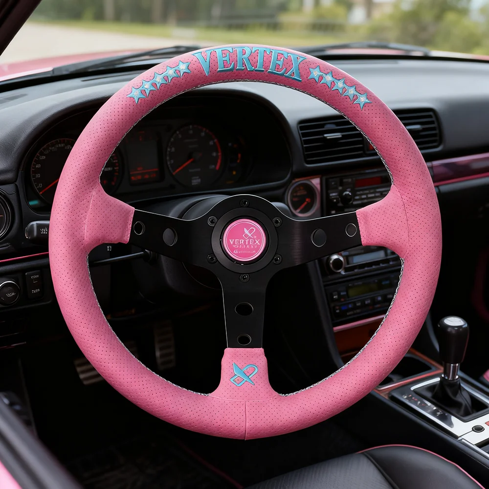 VERTEX Universal Racing Steering Wheel 6 Bolts Pink Leather Deep Dish JDM Sport Racing Steering With Star Embroidered