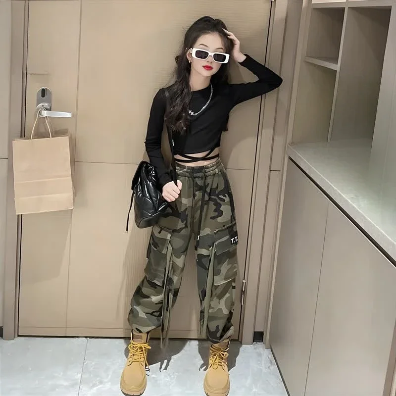 Girls Camouflage Sets Fashion Hip Hop Tops Cargo Pants Two Piece School Teenager Children Dance Costume 12 14 Years Kids Clothes