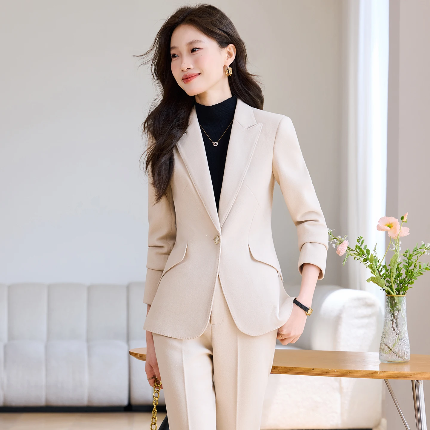 NAVIU موضة الكاكي المرأة بدل رجالي 2 قطعة مجموعة جديدة مكتب السيدات الإناث الأعمال ملابس العمل سترة رسمية وبنطلون