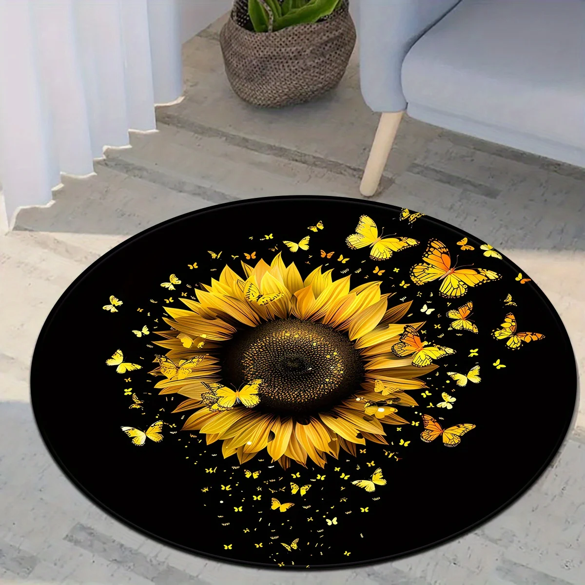 Vibrant Sunflower Flying Butterflies Circular Area Rug  Dark Base Floral Art Round Mat Farmhouse Indoor Anti Slip Doormat