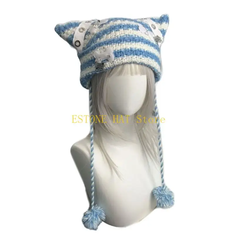 

49MF полосатая шапка для девочек Y2K, вечерняя шапка в стиле панк с костями, вязаная шапка, уличная утолщенная шапочка с ушками,