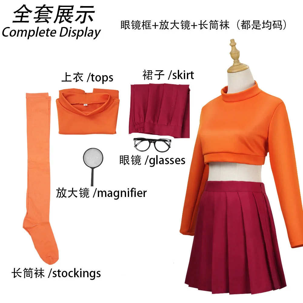 Anime Velma Seragam Cosplay Kostüm Orange Kurze Rock Uniform für Damen Orangefarbene Socken Oberteil Rock Halloween Fête Karneval Ensemble