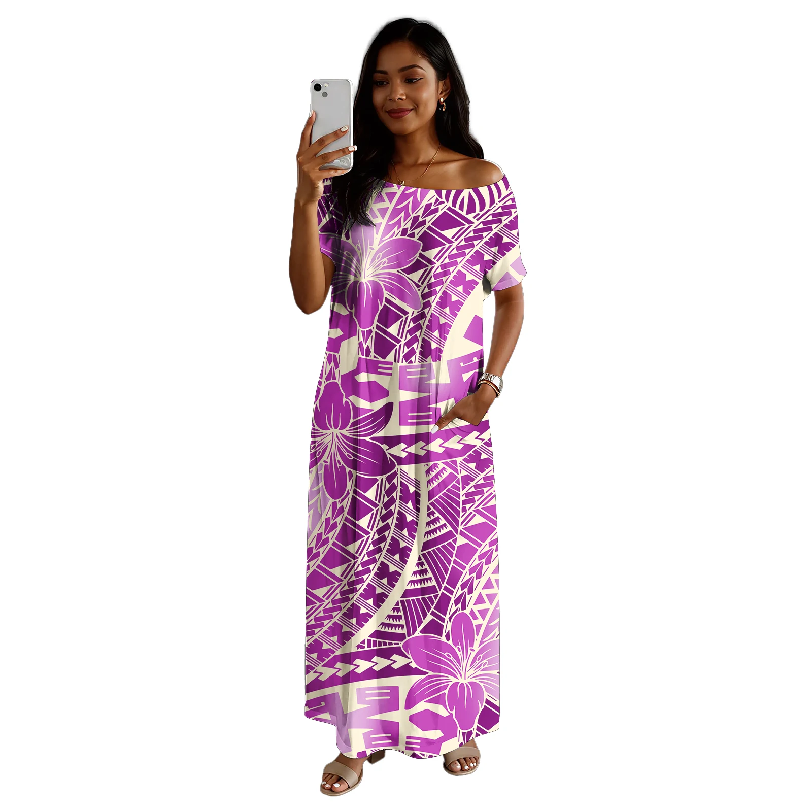 Classic Tropical Pattern Cold Shoulder Pocket Hawaiian Women Tribal Island Dress Custom Holiday Beach Prom Ladies Samoan Dresses