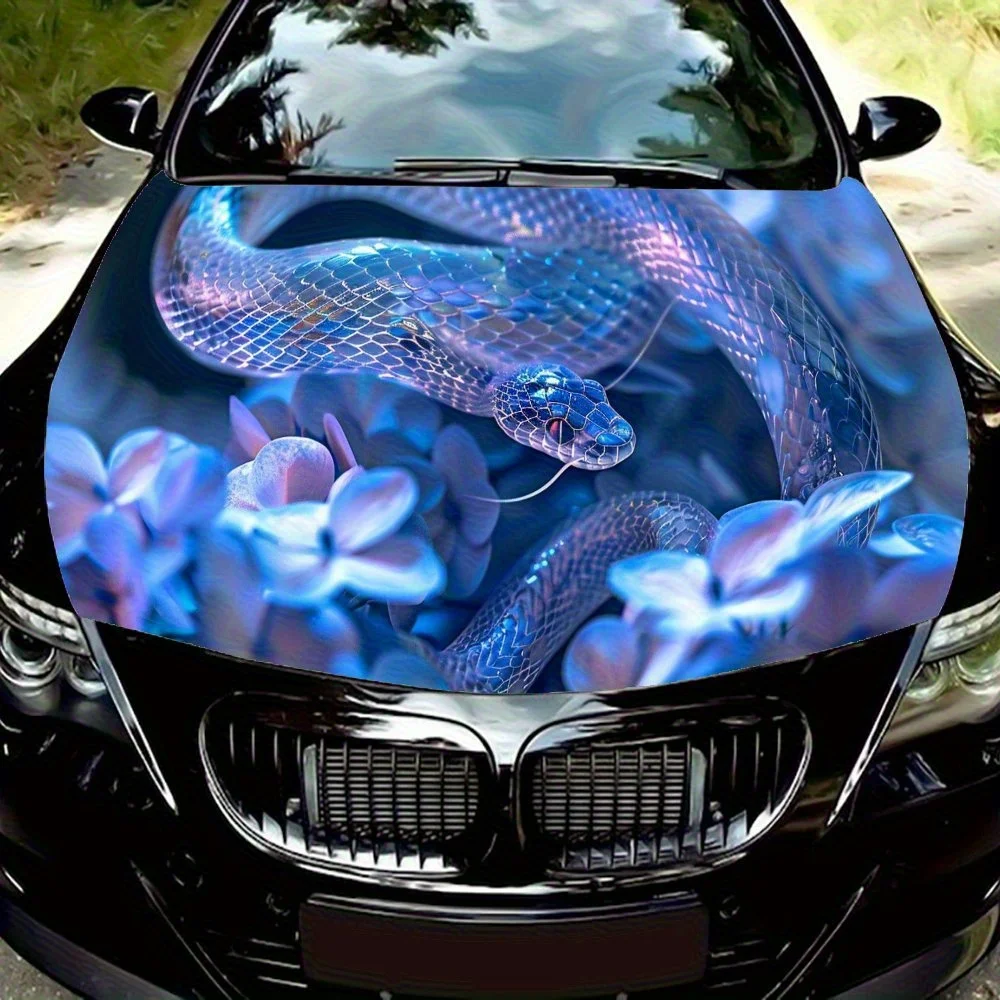 

Mystical Snake Blue Purple Flower Car Hood Vinyl Wraps, Car Engine Decal Sticker, Waterproof Self-adhesive Car Vinyl Wraps, Surf