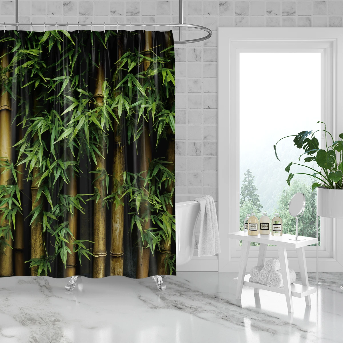 1PC Rural Bamboo Forest Series Shower Curtain,3D Embossed Washable Waterproof Shower Curtain,12 hooks,Family Bathroom Decoration