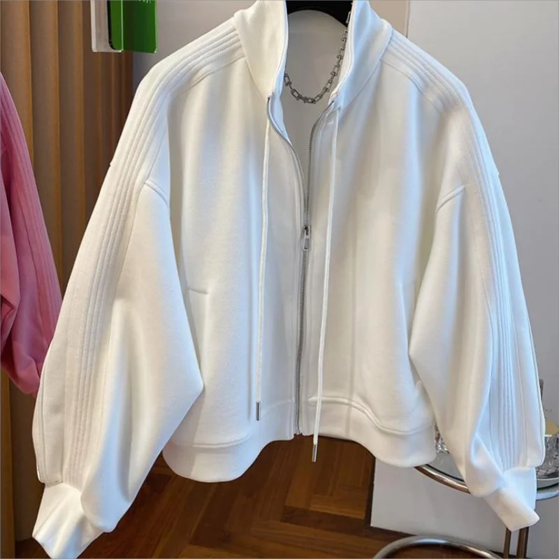 

Women Spring Autumn Stand Collar Zipper Windbreak Fashion Korean Loose Casual Outwear Female College Style Stripe Track Jacket