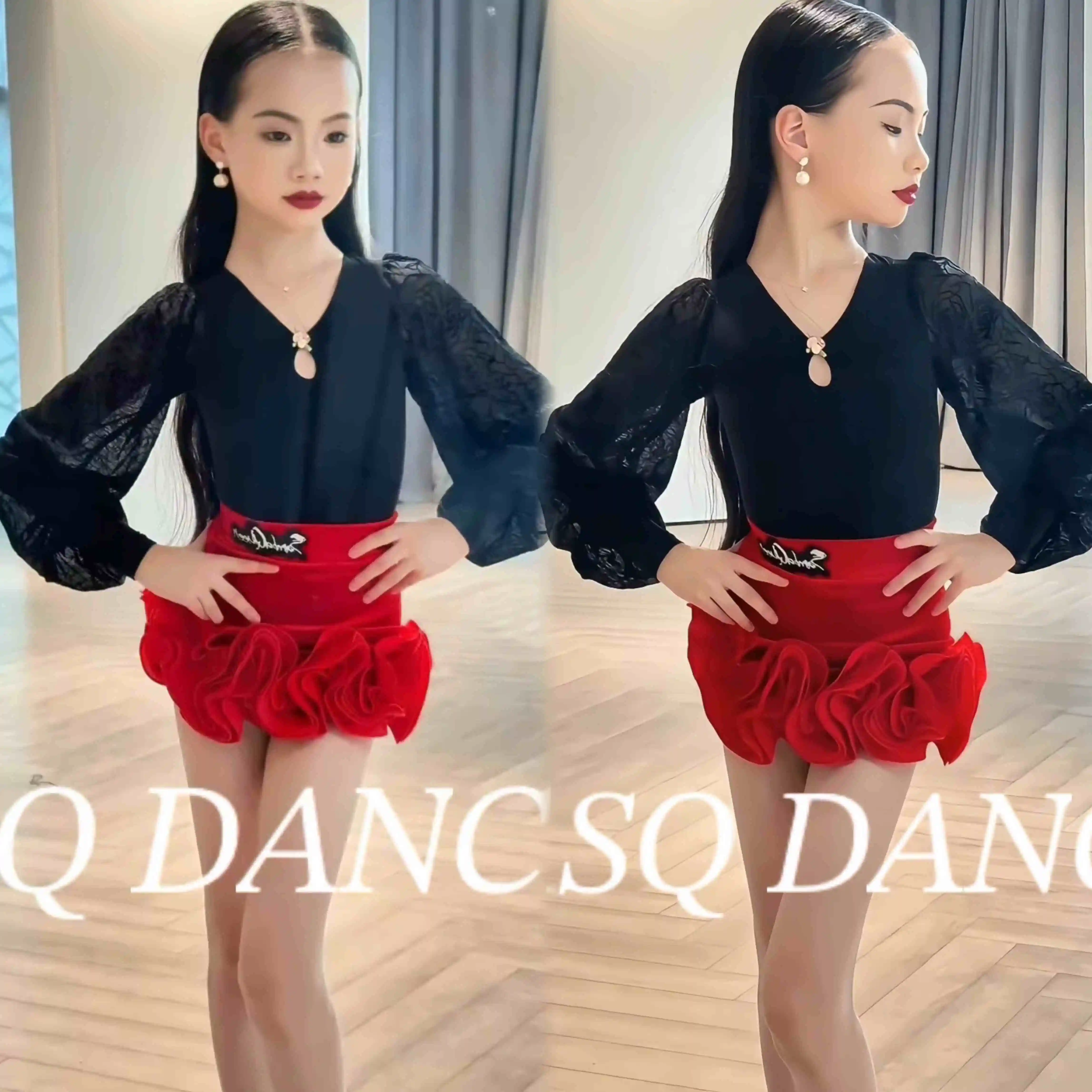 Costume da ballo latino per ragazze Top in pizzo nero Gonna soffice rossa Cha Cha Rumba Abiti per spettacoli di danza Abito da pratica latina DNV24715