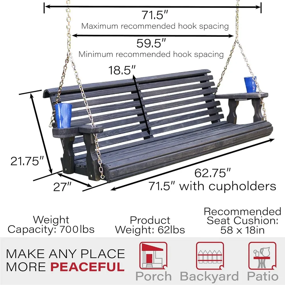 5-Fuß-Verandaschaukel mit rollen Rückenlehne und Getränkehaltern in halbfester, gebeizter Kiefernholz, robust, 700 Pfund. Gewichtskapazität
