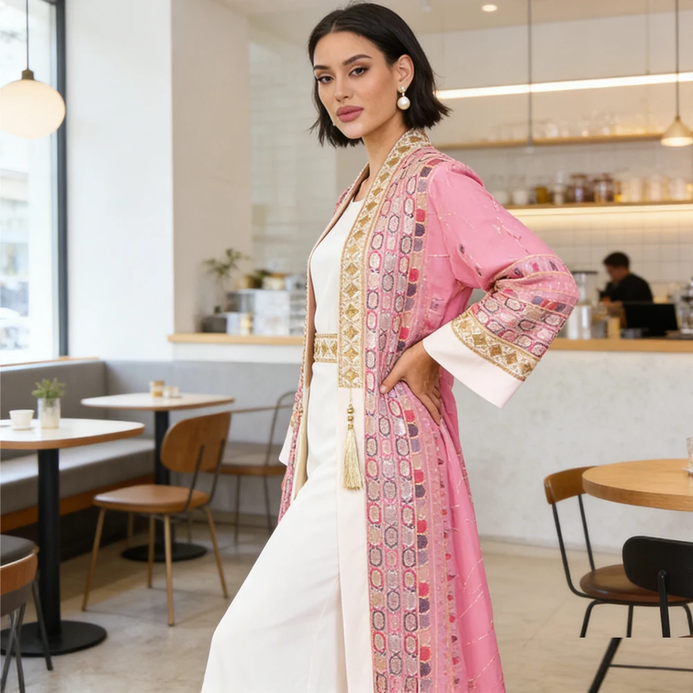 

Мусульманское платье-двойка с вышивкой, абайя, турецкий кафтан, макси-платье для женщин, кардиган с пайетками в стиле Дубай, джеллаба, исламская джалабия