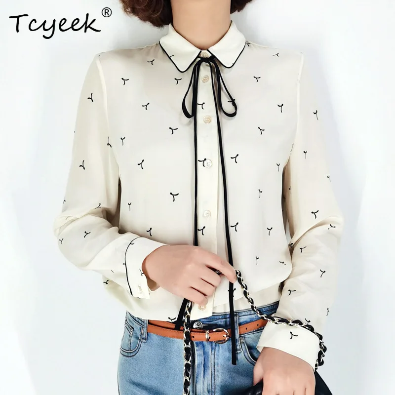 

Tcyeek 100%Real Silk Women Lace-up Shirt Bow Collar Vintage Print Long Sleeve Commute Blouse Office Lady 2024 Spring T41115QM