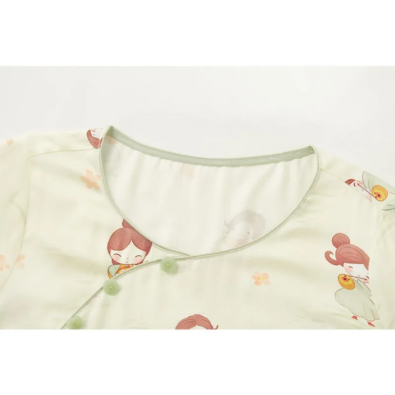 Pijama de satén con cuello redondo y solapa Diagonal para mujer, ropa de estar por casa, pantalones cortos de manga corta, estampado Retro chino, Hanfu, Verano