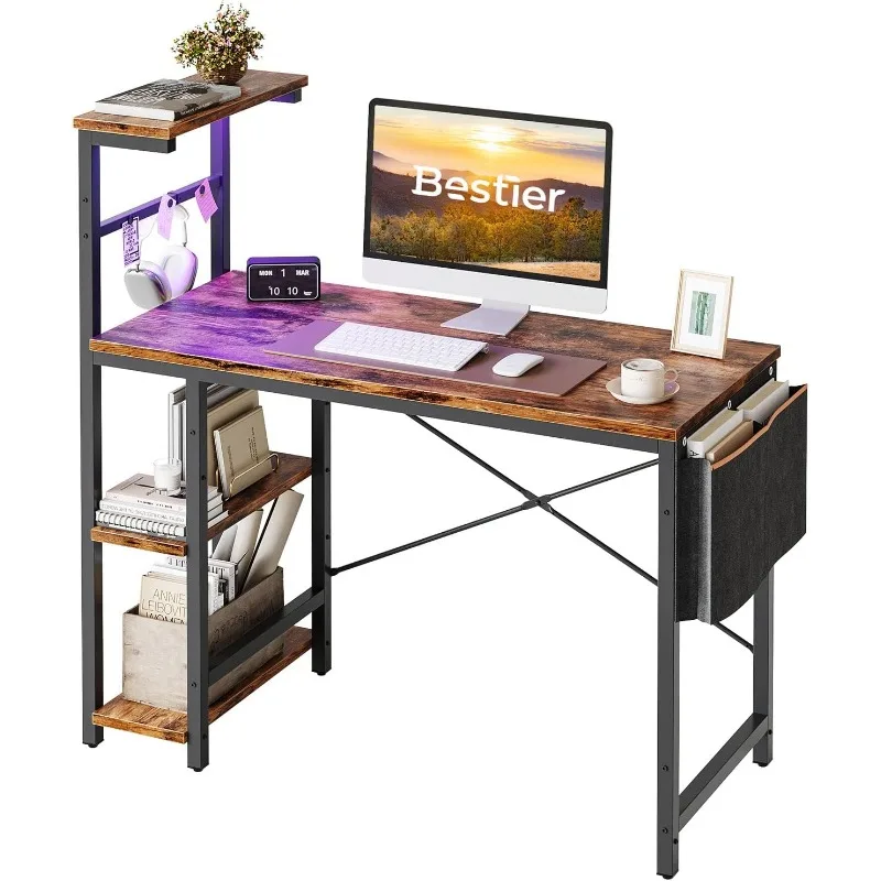 Computer Desk with LED Lights, Gaming Desk with 4 Tier Shelves, 44 Inch Office Desk with Storage Bag & Printer Shelf